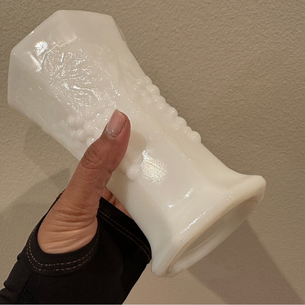 Vintage White Milk Glass Flower Vase Grape Vine Pattern Octagon Shape 7” Tall - Picture 9 of 10